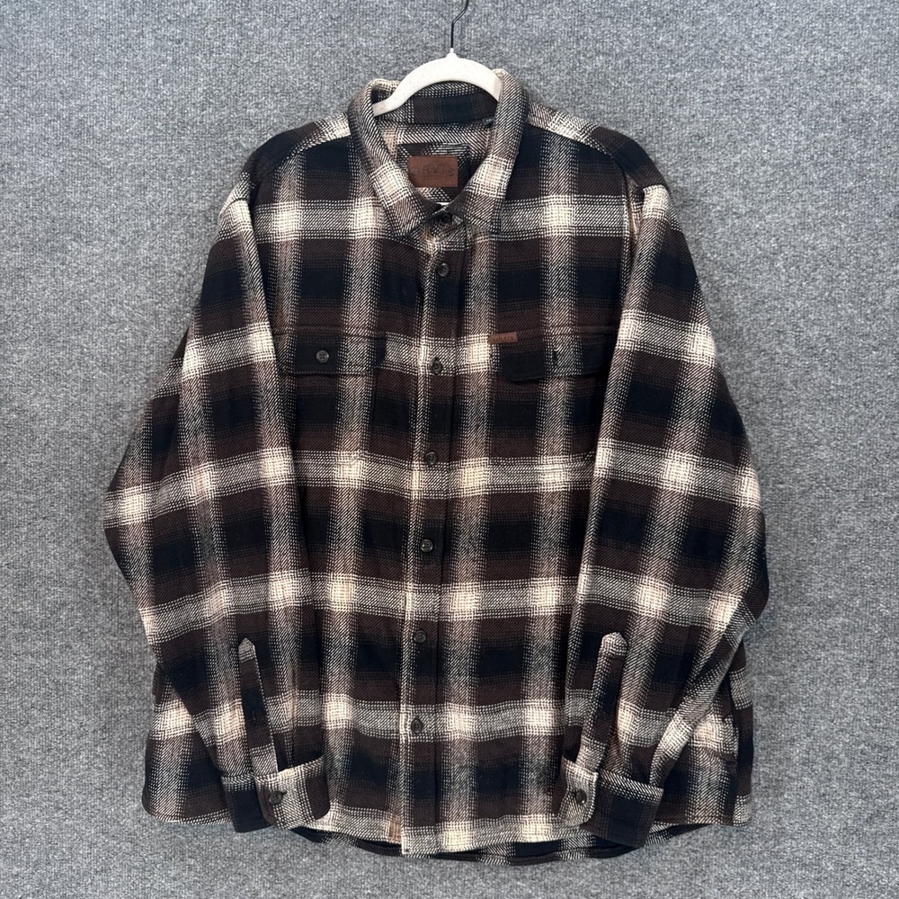Orvis Flannel Shirt Mens XXL Brown Plaid Long Sleeve Heavyweight Buttons Shacket